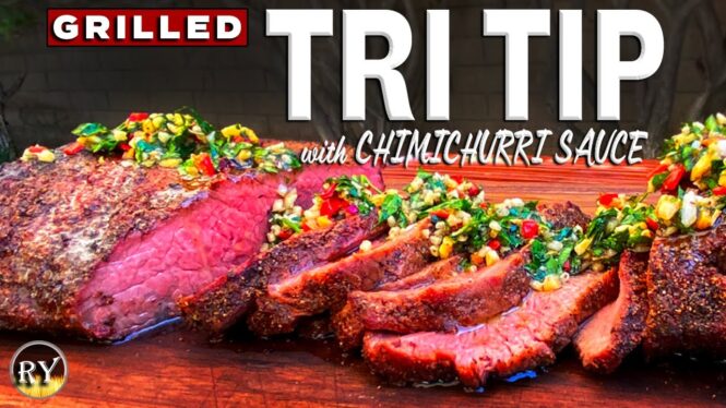 Grilled Pepper Garlic Tri Tip With Toasted Almond Chimichurri Sauce